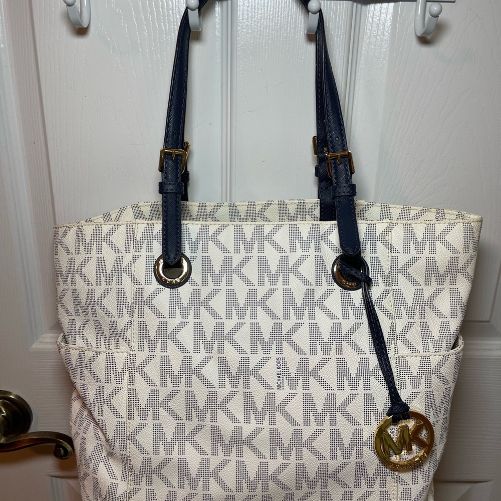 Michael Kors Monogram Cream and Navy Tote
